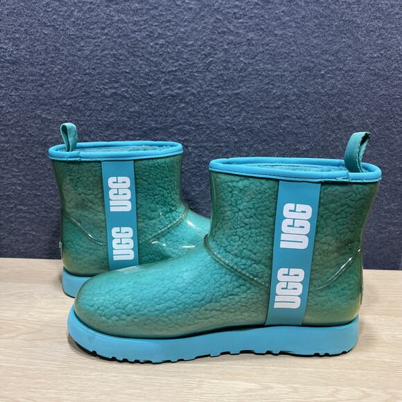 UGG Classic Clear Mini Winter Boots Rain Teal Blue Pull On Womens Size 10 - Picture 1 of 10